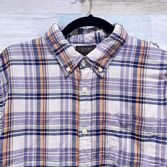JACHS Plaid Double Cloth Button Down Shirt Orange Blue Cream Cotton Mens Large - Picture 2 of 6